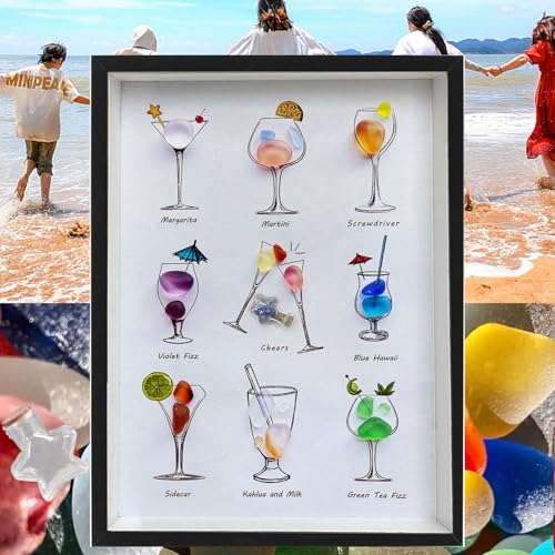 MEAKEO Sea Glass Cocktail Wall Art with Frame Handmade Seaglass Wine Glass Art Beach Glass Friendship Gift for Home Decor and Gift Ideas
