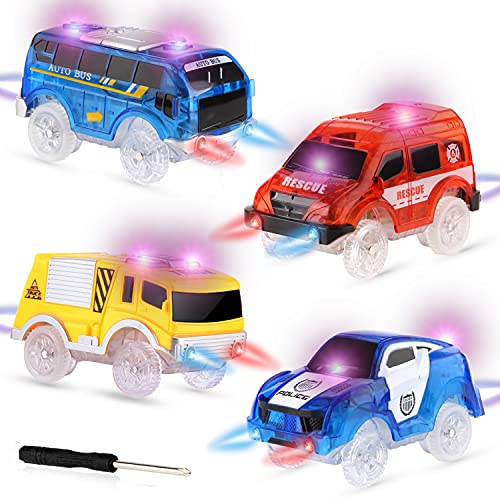 RACPNEL Tracks Cars Replacement, 4 Pack Light Up Magic Toy Cars Glow in The Dark with 5 Flashing LED Lights, Track Replacement Cars Only, Toy Car Tracks Accessories, Gift for Kids Boys