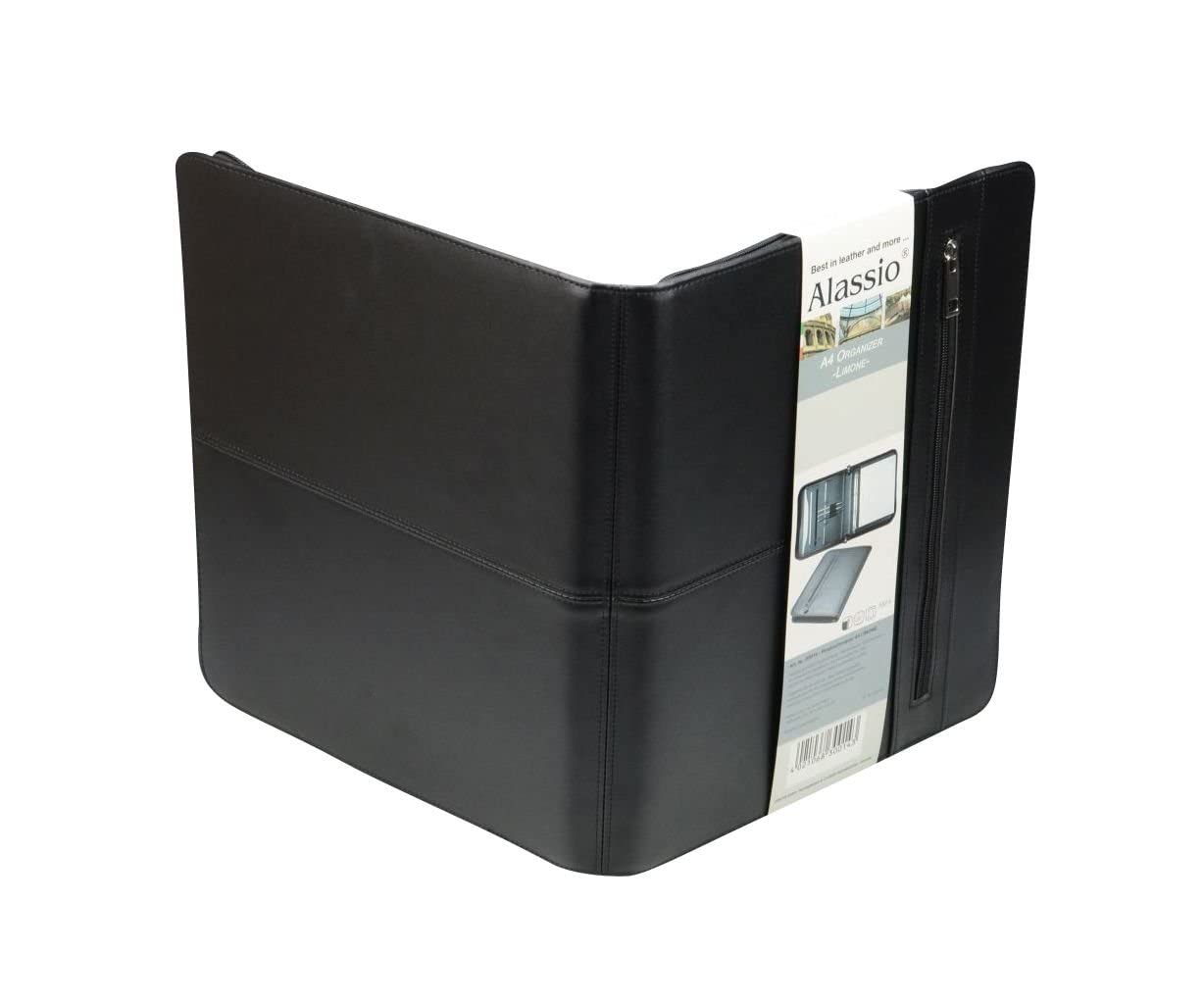 Alassio 30014 - Carpeta de anillas Limone, DIN A4, de piel negra, aprox. 36 × 28,5 × 4 cm