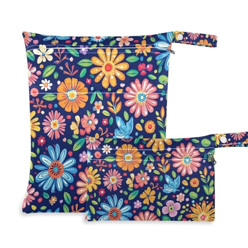 EtherSpher Colorful Flower zippered swim suit bags 2 Pack travel essentials for flying with handles for yoga, pool