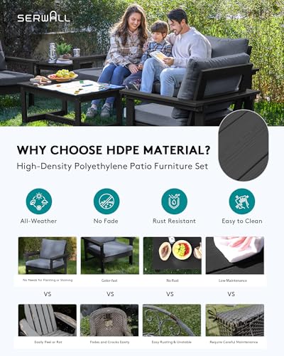 SERWALL-HDPE-Outdoor-Patio-Furniture-Set-7-Piece-Outdoor-Sectional-Patio-Conversation-Set-All-Weather-Outdoor-Couch-Set-Patio-Sofa-Set-for-Deck-Lawn-Black-Frame-with-Grey-Cushion SERWALL HDPE Outdoor Patio Furniture Set 7 Piece Outdoor Sectional Patio Conversation Set All Weather Outdoor Couch Set Patio Sofa Set for Deck Lawn Black Frame with Grey Cushion