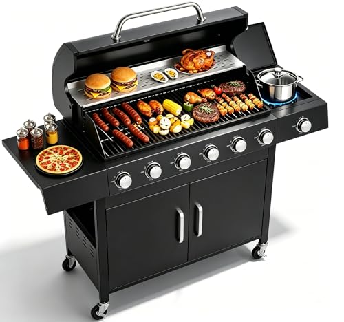 6 Burner Propane Gas Grill Stainless Steel Main & Side Burner Cast Iron Grates Built-in Tank Cabinet Heavy-Duty Porcelain Lid Large Warming Rack Backyard Patio BBQ Grill for Family Gatherings