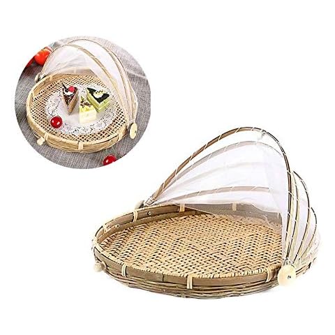 Cratone Bamboo Tent Basket Food Domed Mesh Cover, Fruit Vegetable Bread Cover Food Serving Mesh Basket Outdoor Bug- Proof Keep Out Flies, Bugs, Mosquitoes Dia 30CM Cover