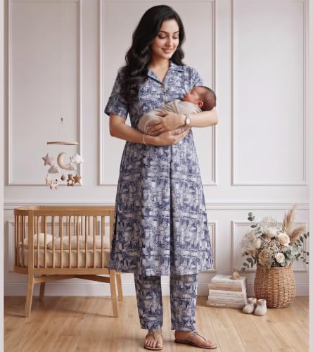Image of DUMMY SHAPE Feeding Dresses for Women Full Set | Cotton Blend Maternity Kurta Pant Suit with Dual Nursing Zippers, Side Pocket to Pre & Post Pregnancy | Mom to Be Gifts