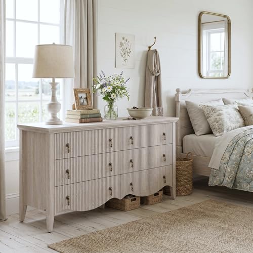Image of FUSUNBAO 6-Drawer Fluted Dresser, Wide Double Chest of Drawers,Nature Oak | Fluted Design, Horizontal Chest of Drawers, Freestanding Storage Cabinet, For Bedroom & Living Room, Farmhouse Decor