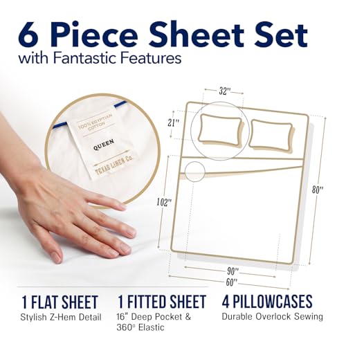 Image of TEXAS LINEN CO. 100% Egyptian Cotton Sheets Queen Size - Luxury 1000 Series Lonestar Lovin' Collection Bed Sheets Queen Size Set (6 PC, Dark Grey), Cooling, 16 inch Deep Pocket, Sateen Weave Hotel Sheets