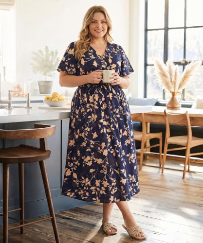Image of CARCOS Plus Size Dresses for Curvy Women V Neck Summer Maxi Dress Short Sleeve Floral Boho Dress Smocked Waist Beach Dress
