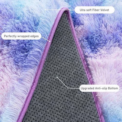 Rugs for Living Room 9x12, Soft Shaggy Modern Large Shag Area Rug for Bedroom, Upgrade Non-Slip Plush Fluffy Carpet for Kids Boys Girls Room Home Decor Aesthetic, Rainbow Purple