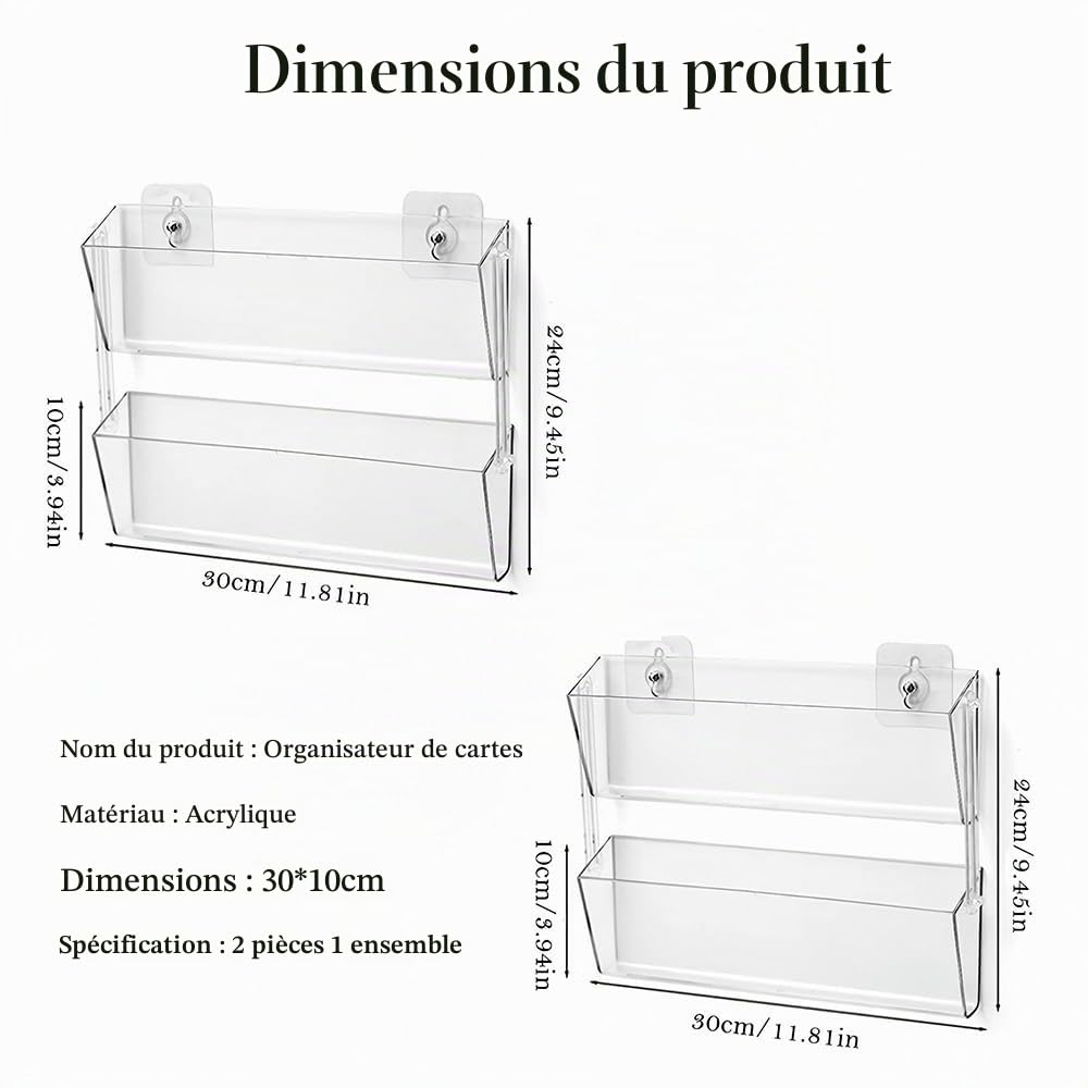 Lot de 4 présentoirs à cartes de vœux, Organisateur de cartes graduées en acrylique transparent à monter au mur pour cartes postales / Brochures / Photos / Images