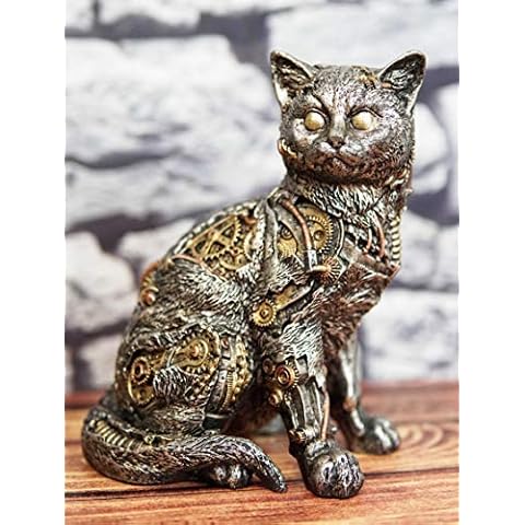 Ebros Gift Steampunk Feline Cyborg Cat with Painted Clockwork Gears Nuts and Bolts Statue 8" Tall Victorian Sci Fi Cats Decorative Paperweight Figurine Cover