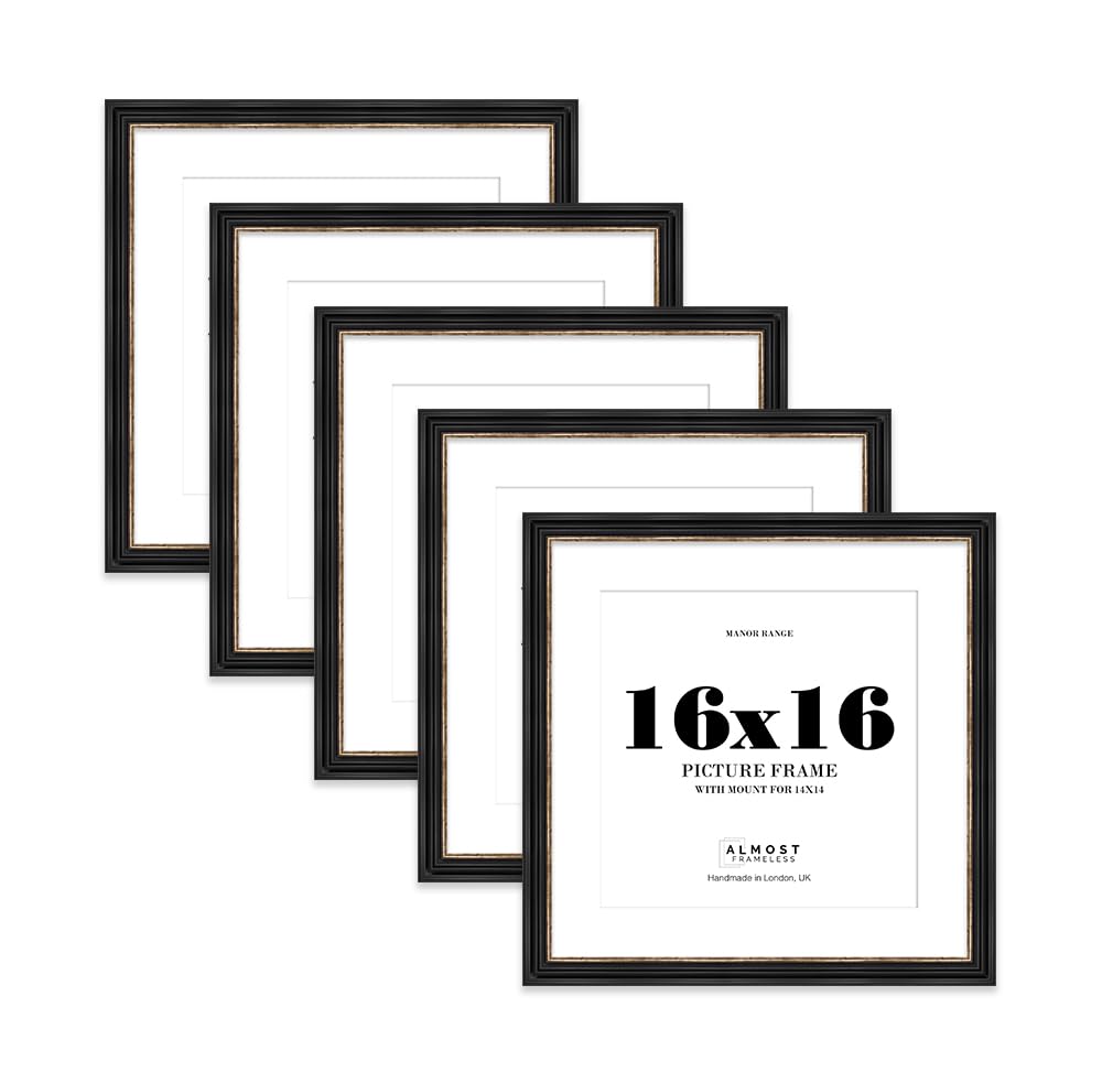16x16" Black and Gold Picture Frame - 16x16" Square Frame with 14x14" Mount for 16x16"/14x14" Pictures Vintage Style Wall Art, 5 Pack