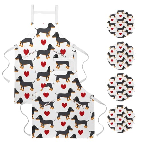 Lot de 2 tabliers de cuisine teckel et cœur avec 4 broches multicolores