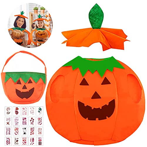 Disfraz de calabaza para niños, disfraz de Halloween, disfraces de carnaval, disfraz de calabaza con bolsa de caramelo de calabaza y 20 tatuajes de Halloween para Halloween fiesta temática Carnaval Cover