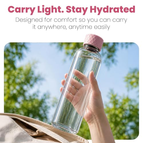 Image of Rioware Glass Water Bottle 1 Litre | Airtight lid | Leak Proof | Silicon Cap | Fridge Water Bottles for Home, Office & Gym (1 Ltr- Pack Of 4, Pink)