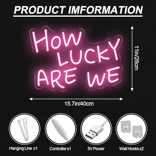 Image of How Lucky Are We Neon Sign, Romantic Anniversary LED Light, Home Bedroom Wall Decor,Valentine's Day Decor, Wedding Neon Wall Art, Light Pink, 15.7 inchx11 inch