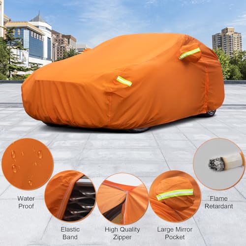 Image of AUQDD 6-Layers PEVA New Material Sedan SUV Full Padded Car Cover Waterproof All Weather Weatherproof UV Sun Protection Snow Dust Storm Resistant Outdoor Exterior Custom Form-Fit Straps 165 inch-179 inchOrange