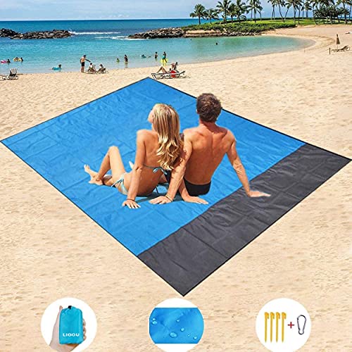 Sand Free Beach Blanket, Extra Large 79''×83'' for 4-7 Adults Beach Mat, Big & Compact Sand Proof Mat Quick Drying, Lightweight & Durable with 4 Stakes Outdoor Blanket for Travel,Camping,Hiking