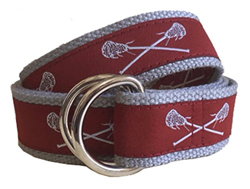 Men's Maroon and White Lacrosse D-Ring Belt, Maroon and White Lacrosse Ribbon on a Gray Webbing