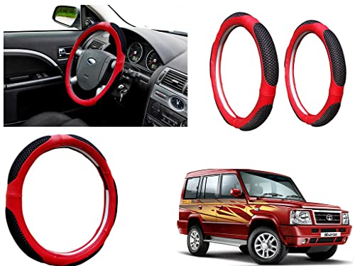 Image of Microfiber Car Steering Wheel Cover, Soft Padding Great Hand Feel, Anti-Slip, Faux Leather Steering Cover for Tata Sumo | Black Red Jali - Pack of 1