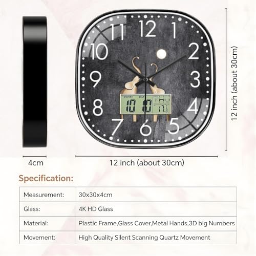 Image of Ash & Roh 12 Inch Silent Quatrz and Non-Ticking Wall Clock with Easy to Read Number and Analog Display Stylish & Decorative Design for Office, Living Room, Bedroom (Elephant Digital Square)