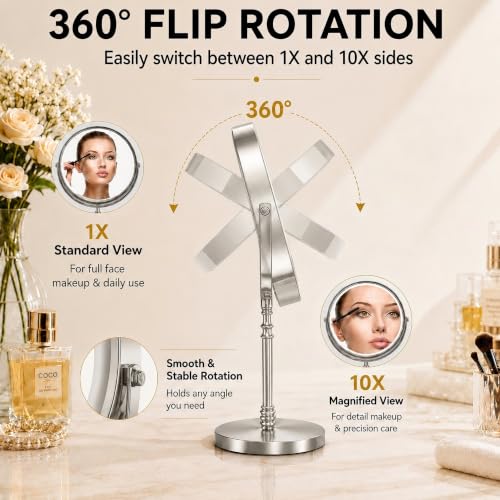 Image of DEIOVWXS Makeup Mirror, Rechargeable Vanity Mirror with 3 Lights, 1X /10X