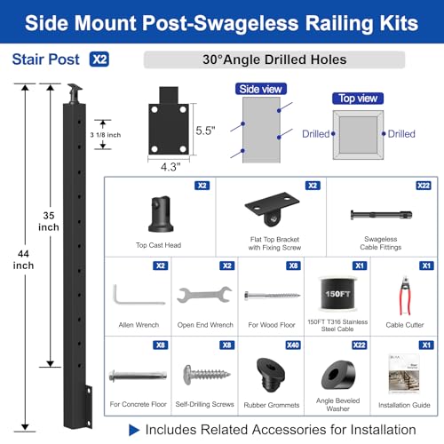 Image of BLIKA 4FT-12FT Complete Set 36 inch Side Mount Stair Railing Post Kits, Fascia Mount Stair Posts, Black Swageless Cable Railing System Include 2 Left Stair Posts, 150FT 1 /8 inch Stainless Cable(No Handrail)