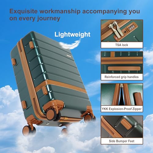 Image of 7 Piece Luggage Set for Family Travel, Lightweight Hardshell PC+ABS Suitcases set, Suitcase with 8 Smooth Spinner Wheels, TSA Lock, YKK Zippers(Green)