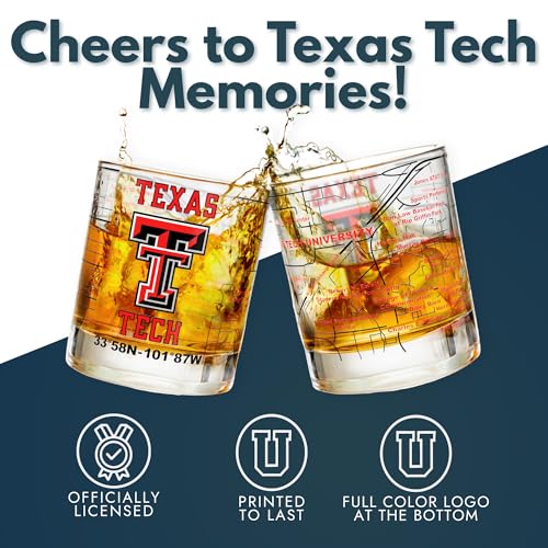 Image of Greenline Goods - Texas Tech University Red Raiders College Whiskey Glasses (Set of 2), 10 oz - Full-Color Logo + Campus Map