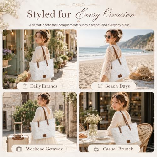 White Lace Purse for Women, Boho Shoulder Handbag with Ribbon Detail and PU Leather Strap, Beige Summer Small Tote Bag for Beach Vacation, Travel, Shopping and Daily Use - image 2