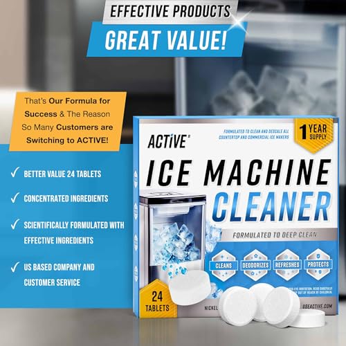 active ice machine cleaner maker descaler - 24 clean tablets compatible with frigidaire opal ge profile kitchenaid nickel safe scale remover for countertop nugget ice makers - bulk 1 year supply