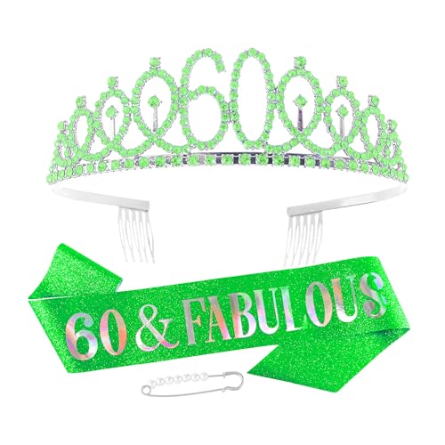 Vovii 60th Birthday Sash & Tiara - Green Tiara for Womens 60th Birthday Decorations