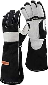 YESWELDER 40cm,500℃ Guantes de Soldador MIG de Forja de Cuero, con Costuras de Kevlar Resistentes al Calor/Fuego, Refuerzos en la Palma, Negro-Gris