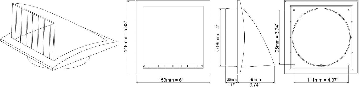 H&C VENT Grey Exhaust Hood Vent 153 mm with 100 mm 4 inch Connector Flange│ Air Ventilation Covers with Valve/Backdraft and Mouse Protection │ Extractor Cap Cover for Duct Pipe│ Inside and Outside - Image 3