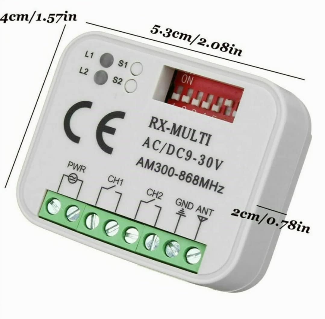 Receptor de centralina de radio universal con mando a distancia multimarca para puerta de garaje automática de 2 canales fijo y código Rolling 9/30V 433 868 MHz AC/DC
