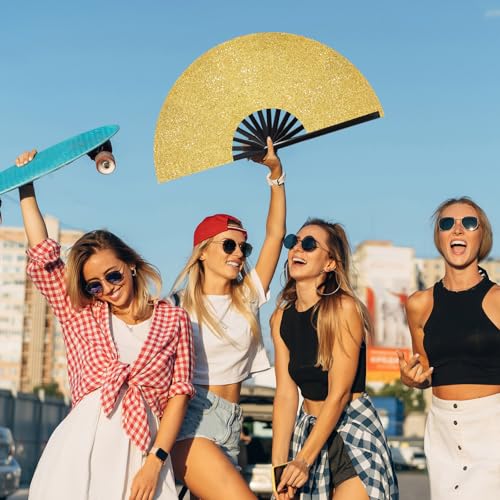 Image of Vercraft 13'' Large Rave Fan for Women Rave Accessories Festival Outfits Glitter Hand Folding Clack Fan for Line Dancing EDM Music Festival Outfits(Gold)