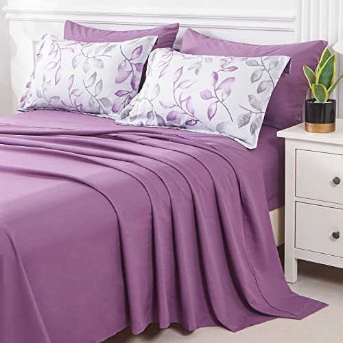 Yogeneg Botanical King Szie Comforter Set 7 Pcs Bed In A Bag,Purple Grey Leaves Printed On White Reversible Design,Soft Microfiber Bedding Complete Set For All Season(Purple,King) #TOP3
