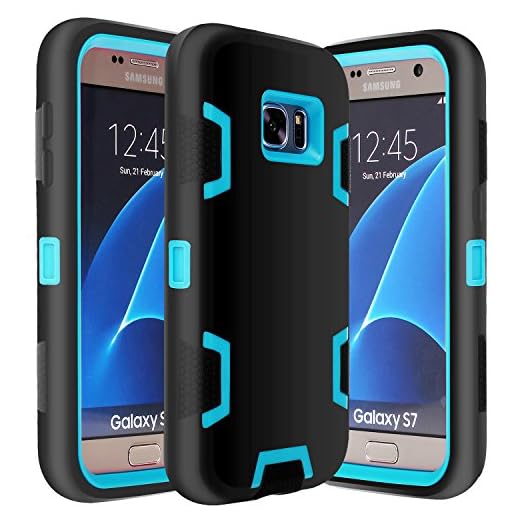 E LV Galaxy S7 Case Hybrid Defender Rugged Shockproof Dirtproof Case Cover for Samsung Galaxy S7 - [Black/Turquoise]