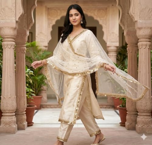 Image of Navti Creations Women's Lightweight Net Dupatta With Sequence Embroidery & Kiran Border (Length 2.25m)