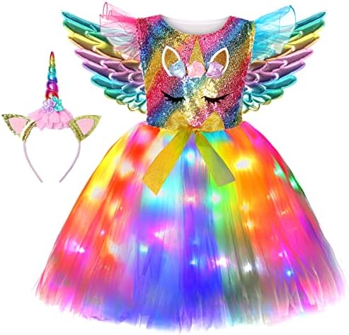 Soyoekbt Unicorn Costume for Girls Unicorn Tutu Dress LED Light Up With Headband for Halloween Birthday Gift Outfit Colorful Sequin 3-4Years