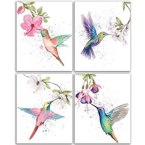 FALJIOK Colorful Birds Flower Branch Plants Art print, Set of 4(8"x10"), Watercolor Hummingbirds Flower Plants Illustration Wall Decor, Hummingbird Nature Art Poster for Home Office, Unframed