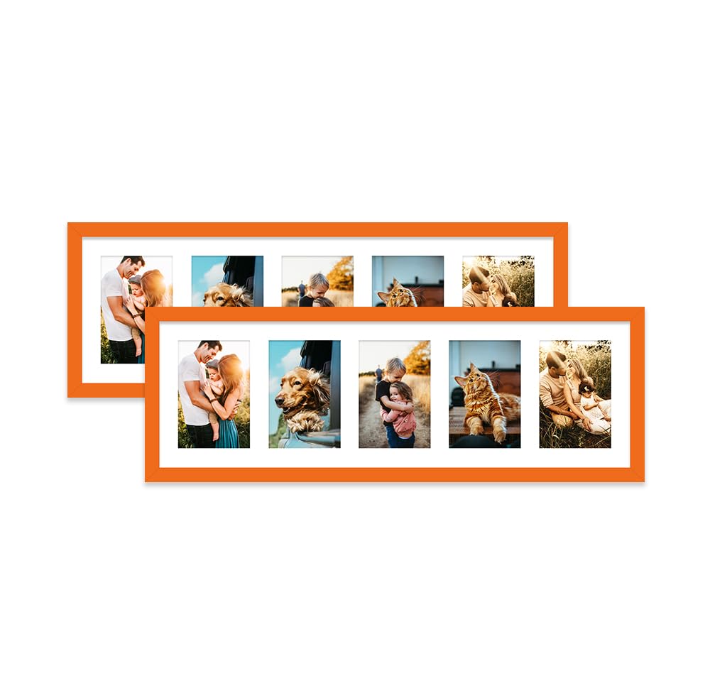 Orange Multi Photo Frame - Holds 5 x 6x4 Pictures, Family Collage Picture Frame for Wall Display, 8x26 Panoramic Frame Size, Set of 2