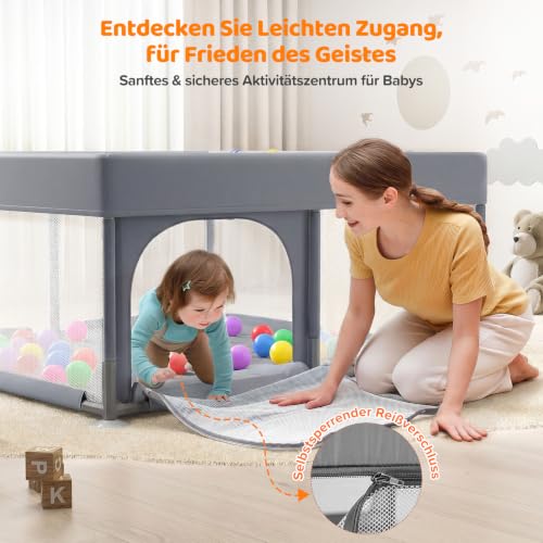 Dripex Laufstall Baby mit Matte, Laufgitter Baby 124×124cm, Hellgrau – Ansicht 5