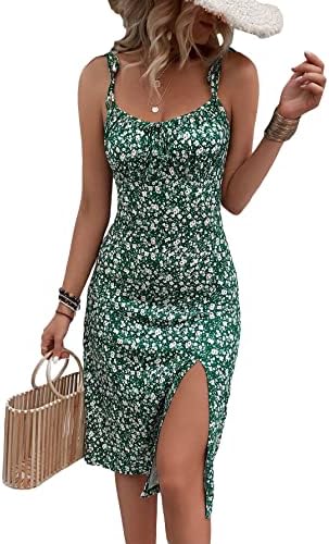 WDIRARA Women's Floral Print Tie Shoulder Split Thigh Sleeveless Boho Cami Dress