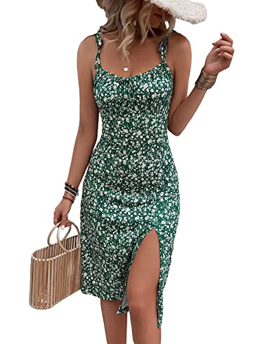 WDIRARA Women's Floral Print Tie Shoulder Split Thigh Sleeveless Boho Cami Dress