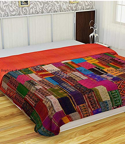 Sophia-Art Indian Handmade King Size Patola Silk Patch Work Kantha Quilt, Kantha Blanket Bedspread, Patch Kantha Throw, King Kantha, Kantha Rallies Indian Sari Quilt, Size 90