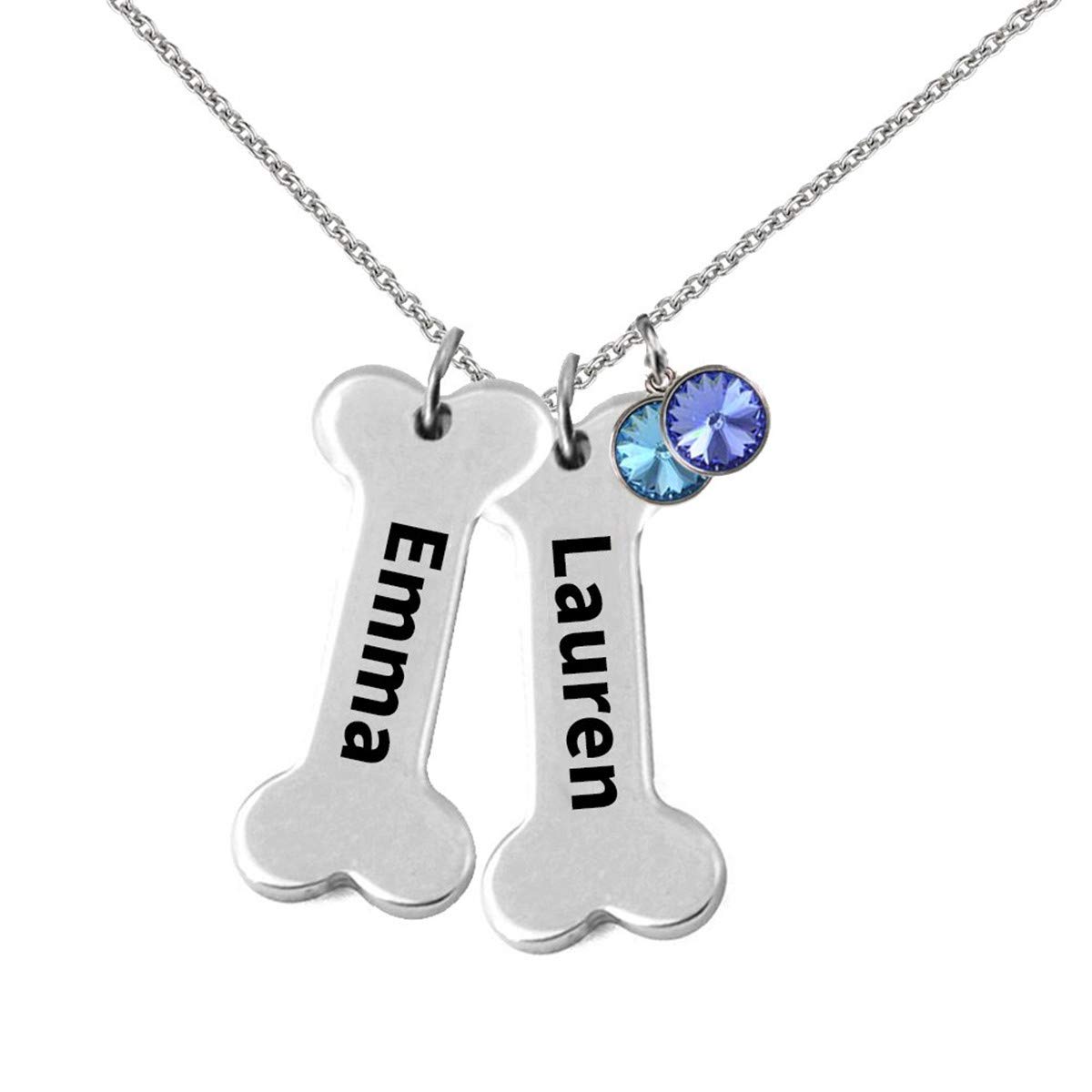 925 Sterling Silver Personalized Birthstone Dog Bone Pendants Name Necklace Custom Made with 2 Names