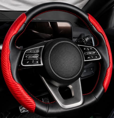 Image of High Life Red Carbon Fiber Steering Wheel Grip Covers, Non-Slip Ergonomic Handle Grips for Enhanced Control, Reduced Hand Fatigue, Sporty Interior Upgrade, Easy Wrap-On Installation, Universal Fit