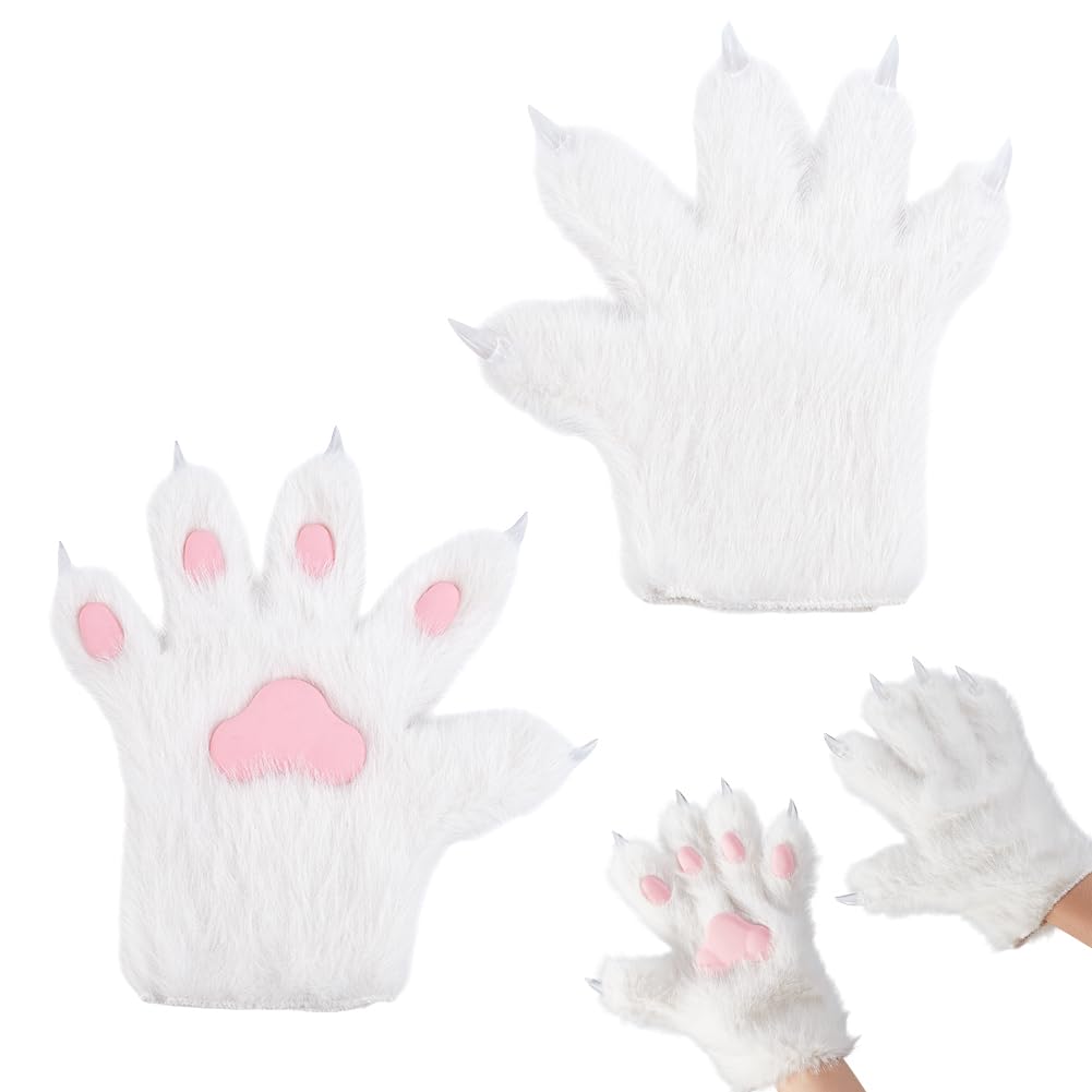 AHANDMAKER 1 Pair Furry Cat Claw Gloves Wolf Paw Gloves Faux Fur Cat Paw Print Mittens Winter Warm for Cosplay Costume Halloween Fancy Party Costume Accessories