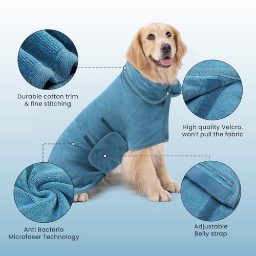 PETTOM Hundebademantel Mikrofaser Schnelltrockend, Bademantel Hund Baumwolle Super Saugfähig, Bademantel für Große Mittelgroße und Kleine Hunde (L, Blau)