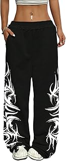 Pantalones deportivos de pierna ancha para mujer, estilo Y2K, gótico, graffiti, cintura alta, pantalones deportivos con bolsillos